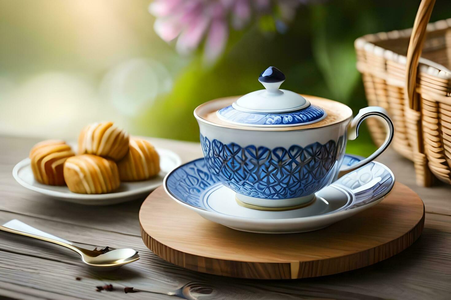 tea cup and saucer on wooden table with flowers and basket. AI-Generated photo