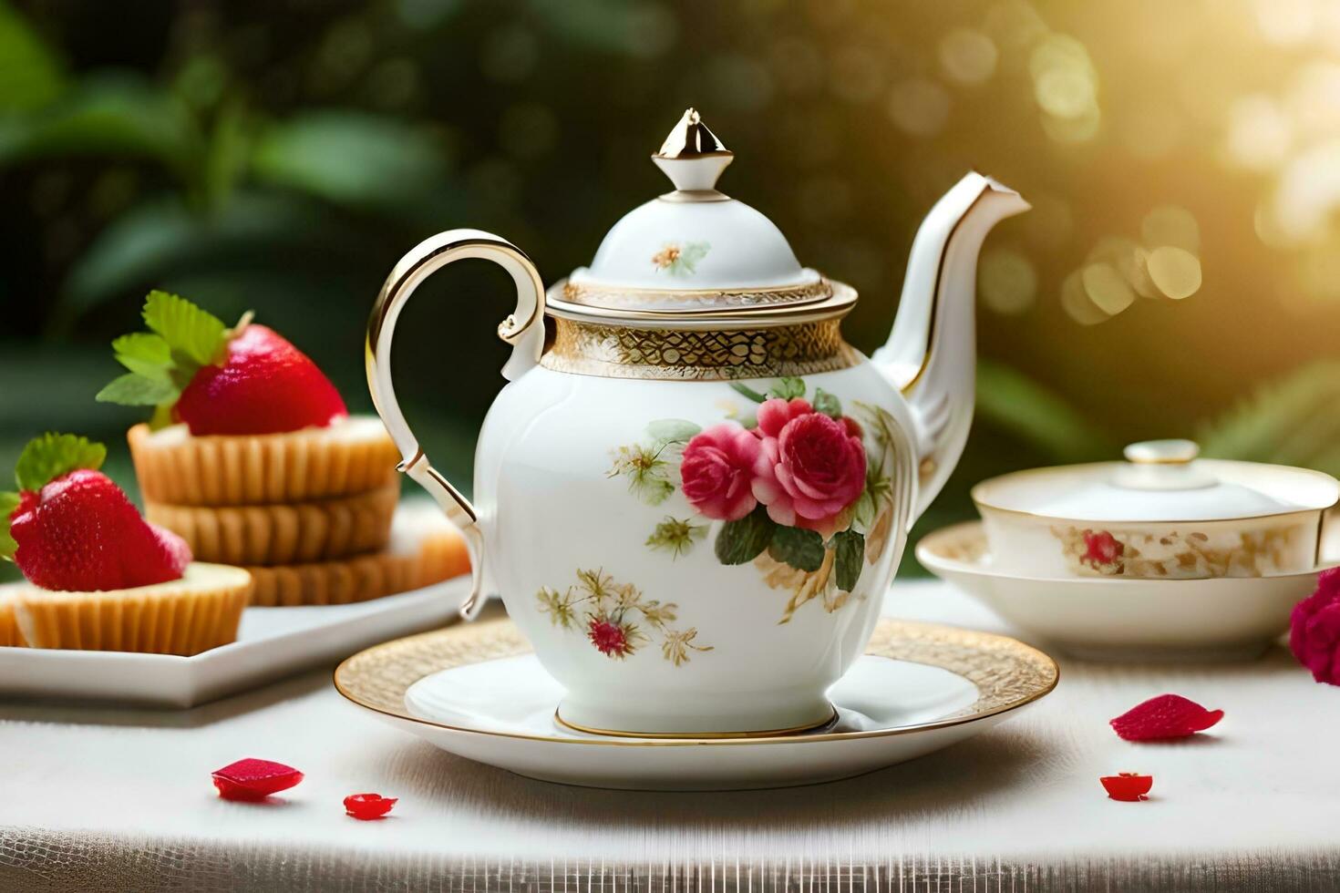 a tea pot and cup on a table with roses. AI-Generated photo