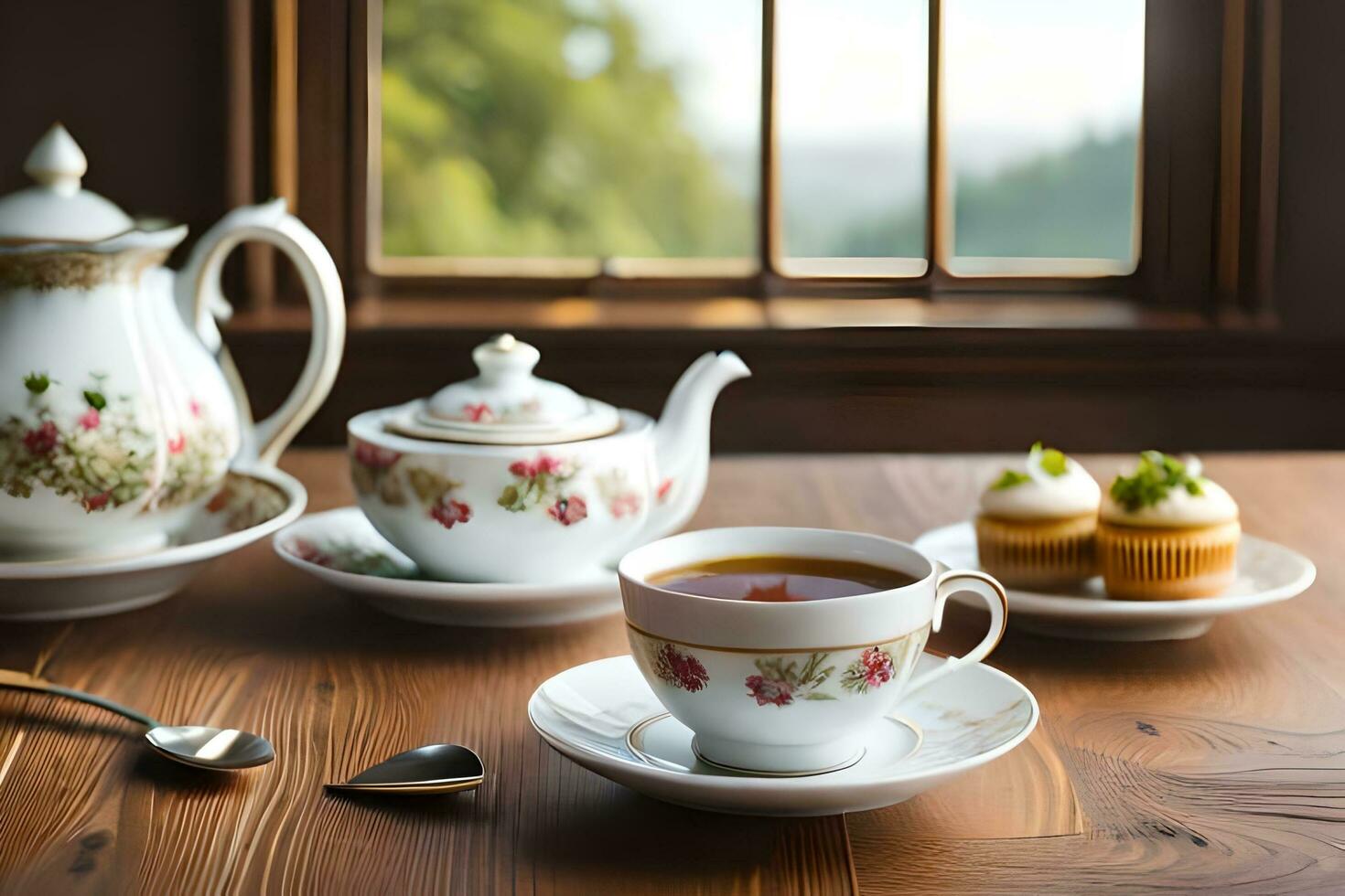 tea and cup on table with window in background. AI-Generated photo