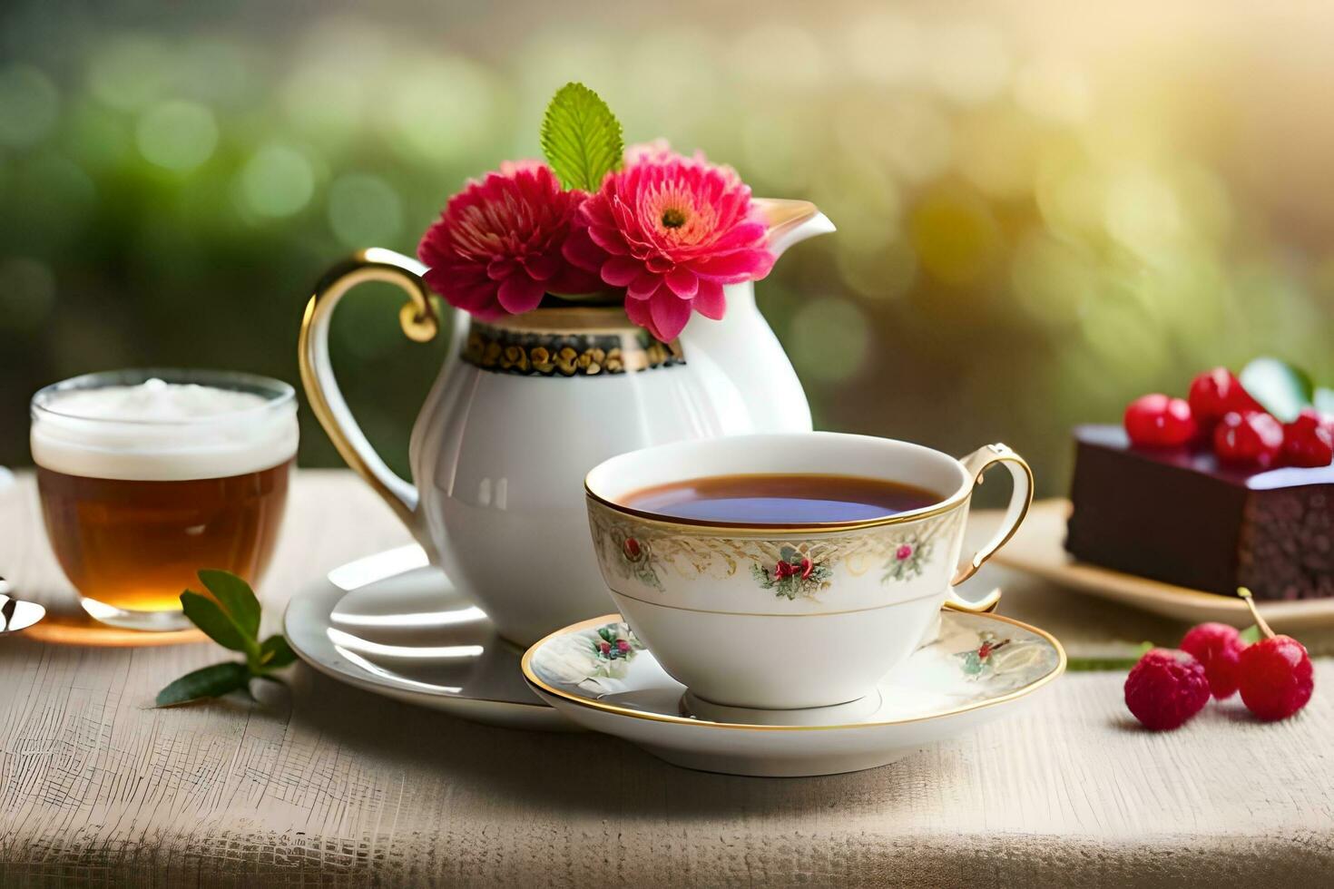 cup of tea and cake on wooden table with blurred background. AI-Generated photo