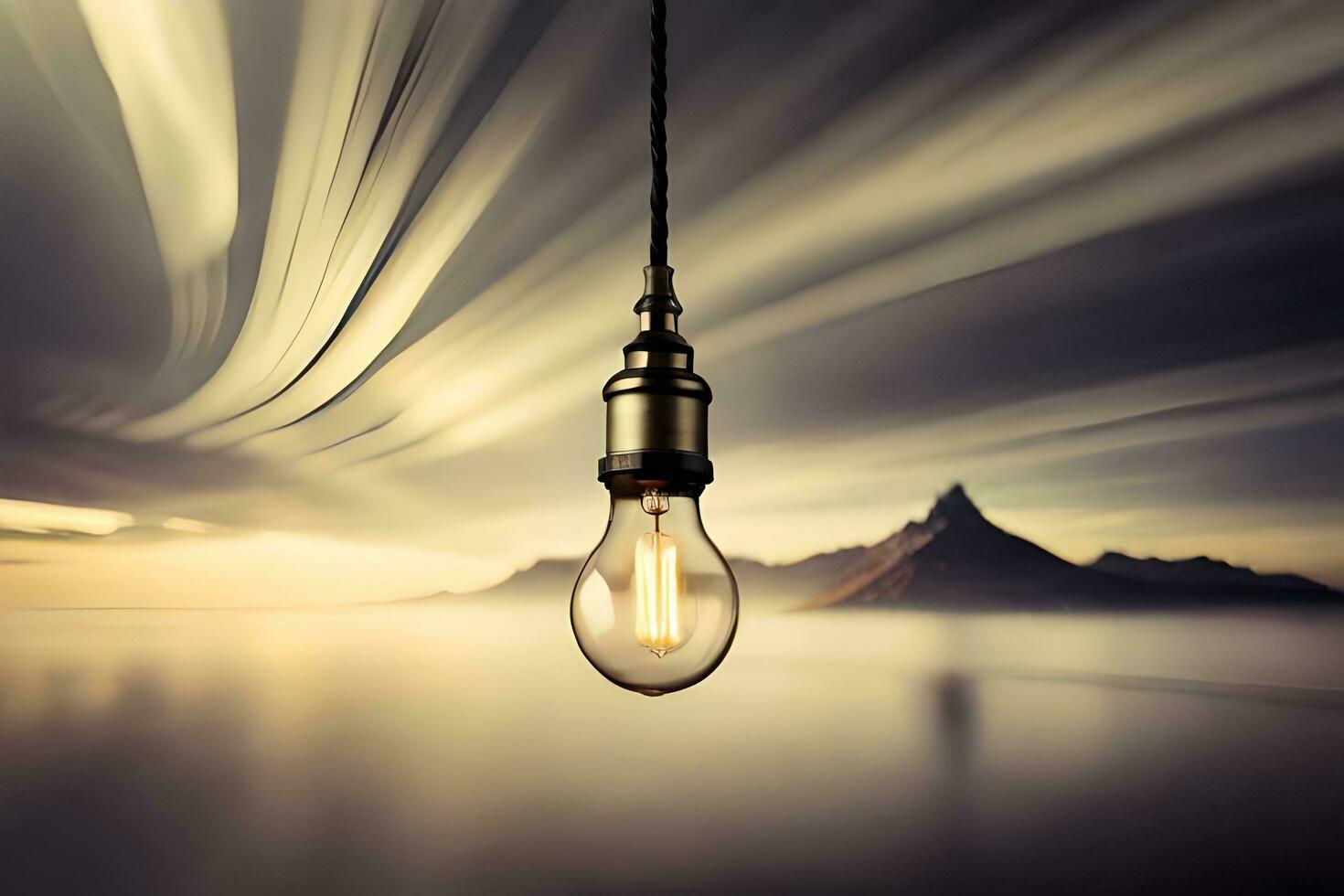 a light bulb hanging from a rope over a body of water. AI-Generated photo