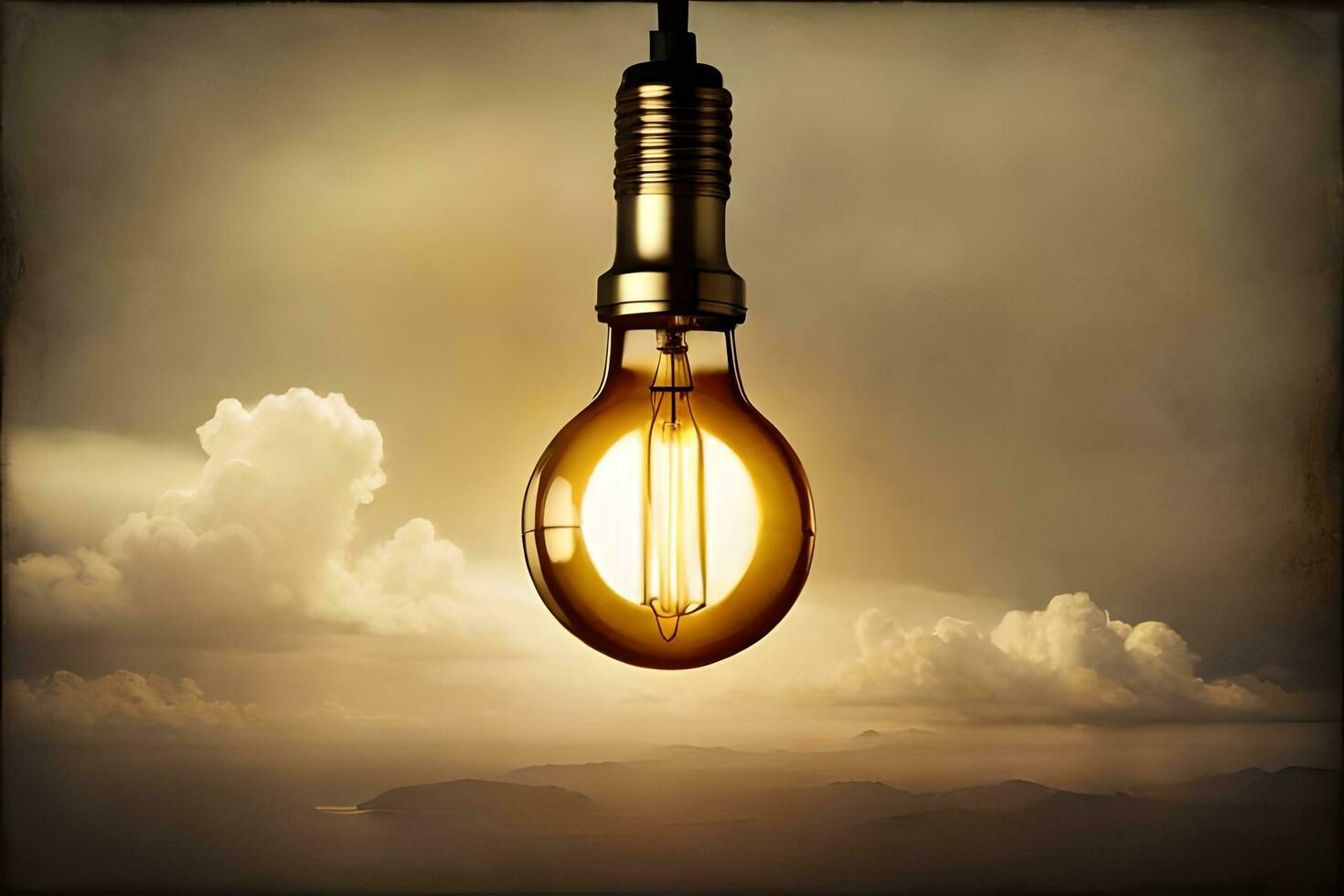 a light bulb is shining in front of a cloudy sky. AI-Generated photo