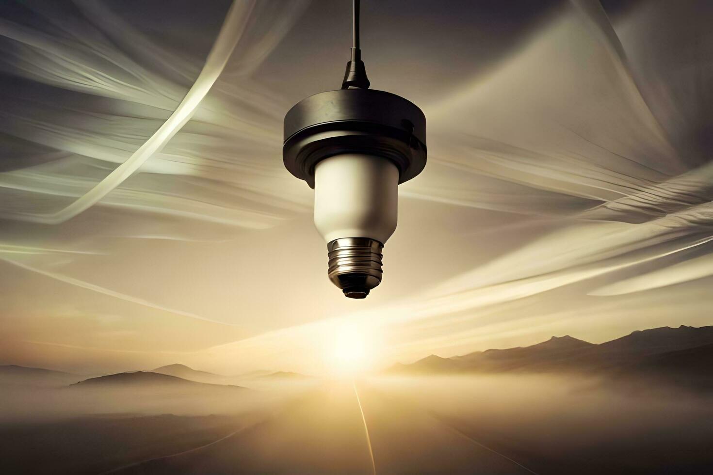 a light bulb hanging from a wire over a road. AI-Generated photo
