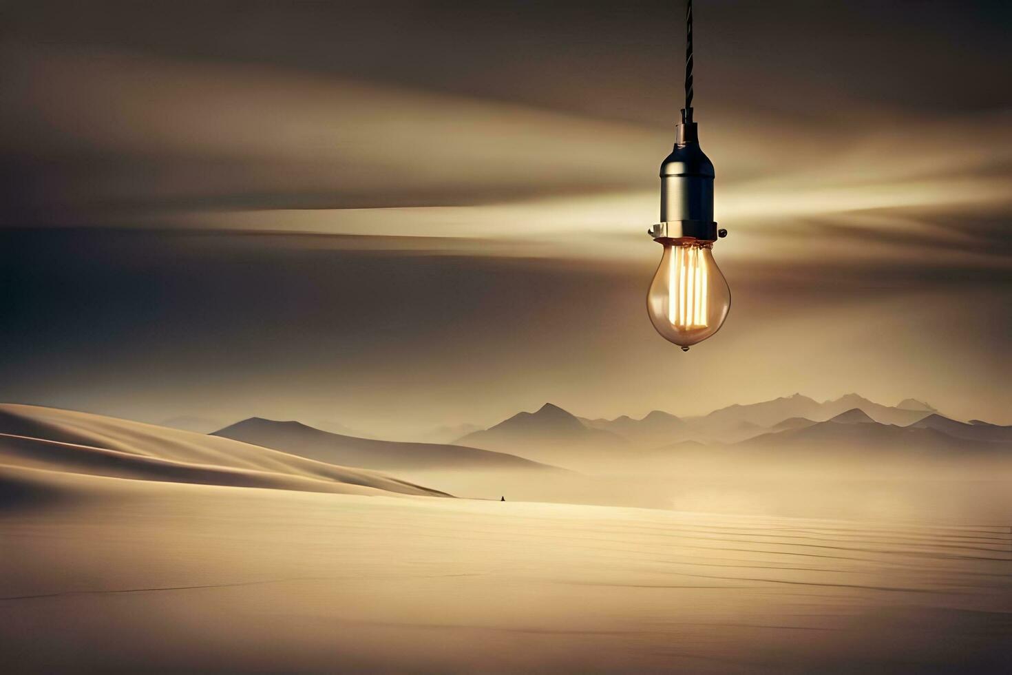 a light bulb is hanging in the middle of a desert. AI-Generated photo