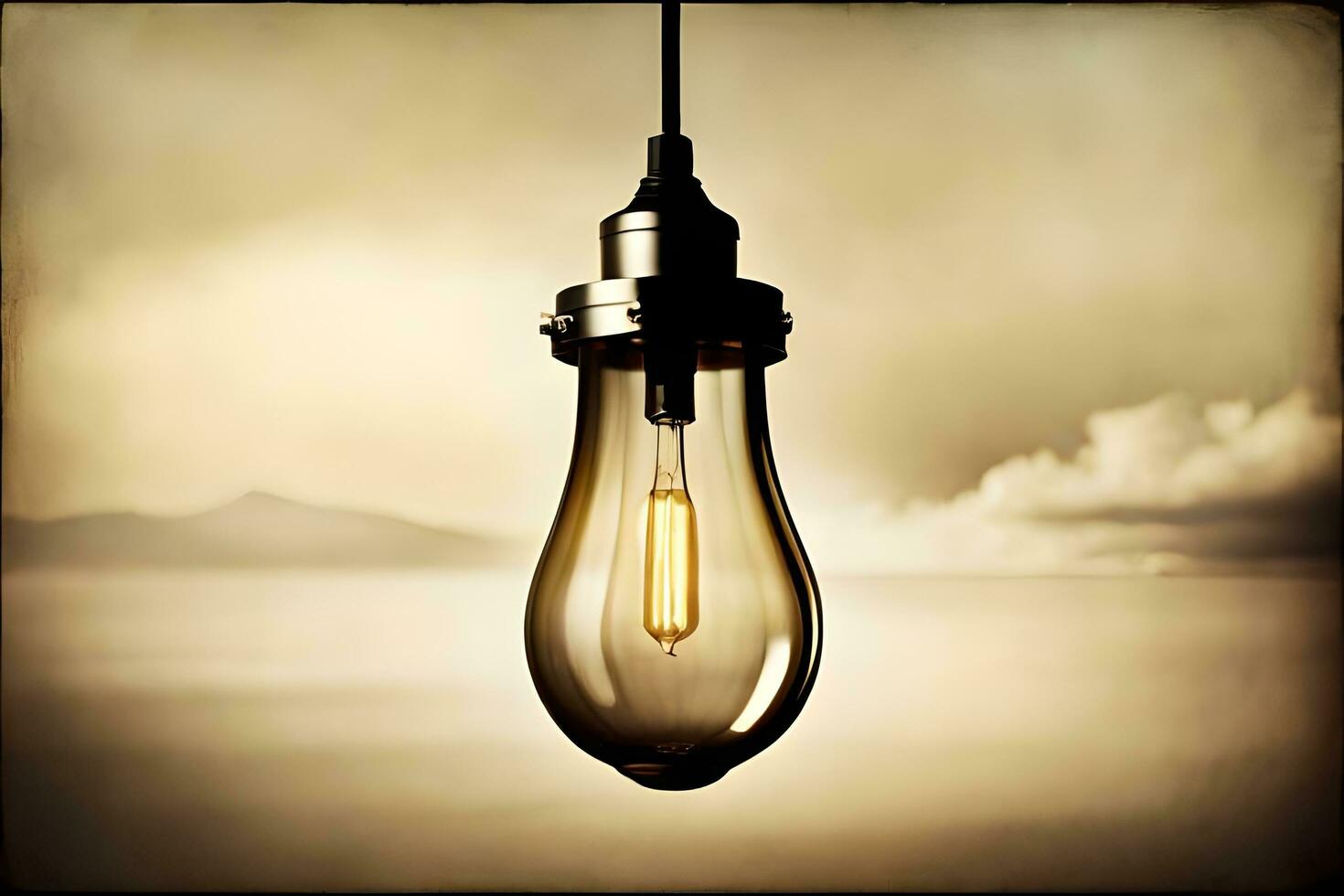 a light bulb hanging from a ceiling with a cloudy sky. AI-Generated photo