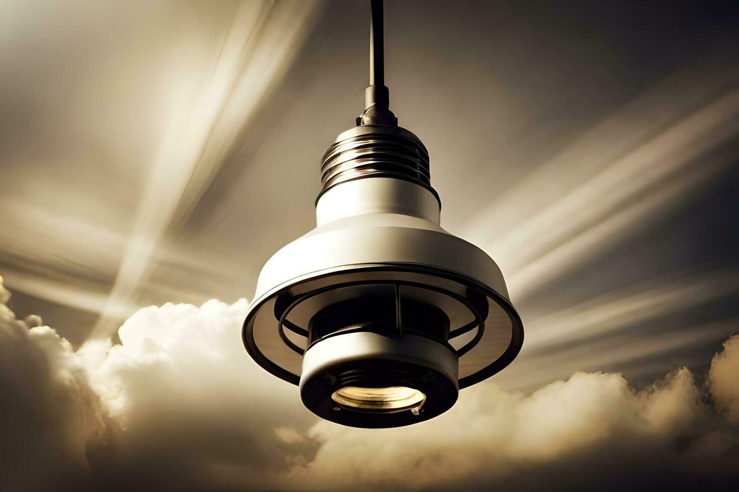 a light bulb is hanging from the ceiling in front of clouds. AI-Generated photo