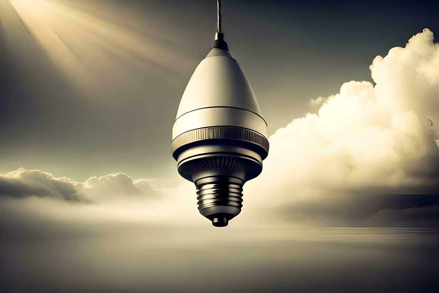 a light bulb hanging in the air with clouds. AI-Generated photo
