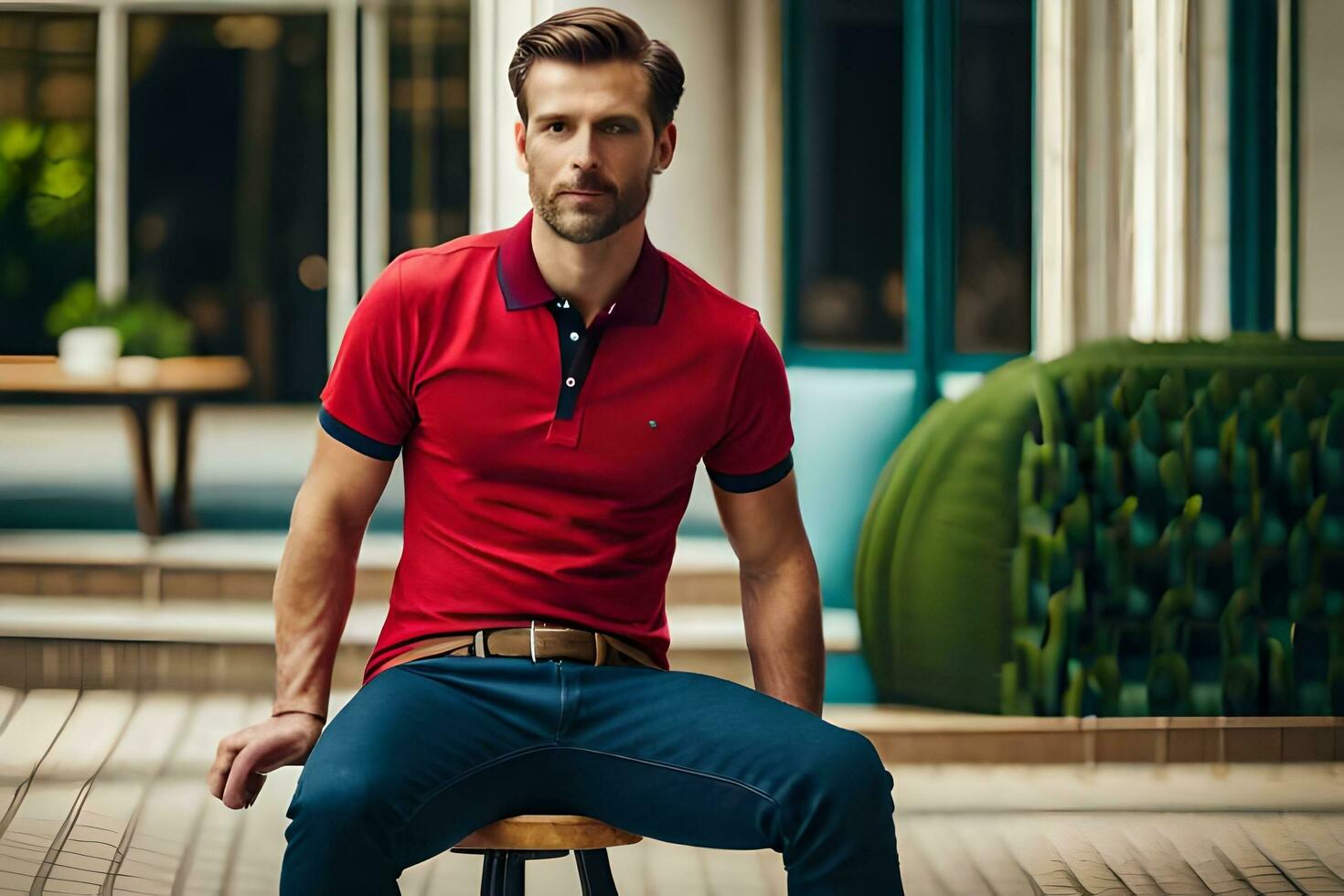 a man in a red polo shirt sitting on a stool. AI-Generated photo