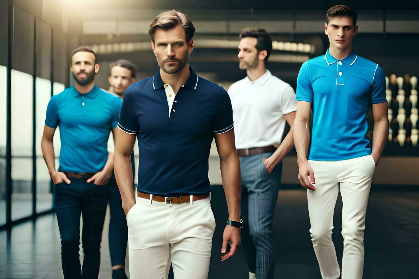 men in polo shirts and pants walking down a hallway. AI-Generated photo