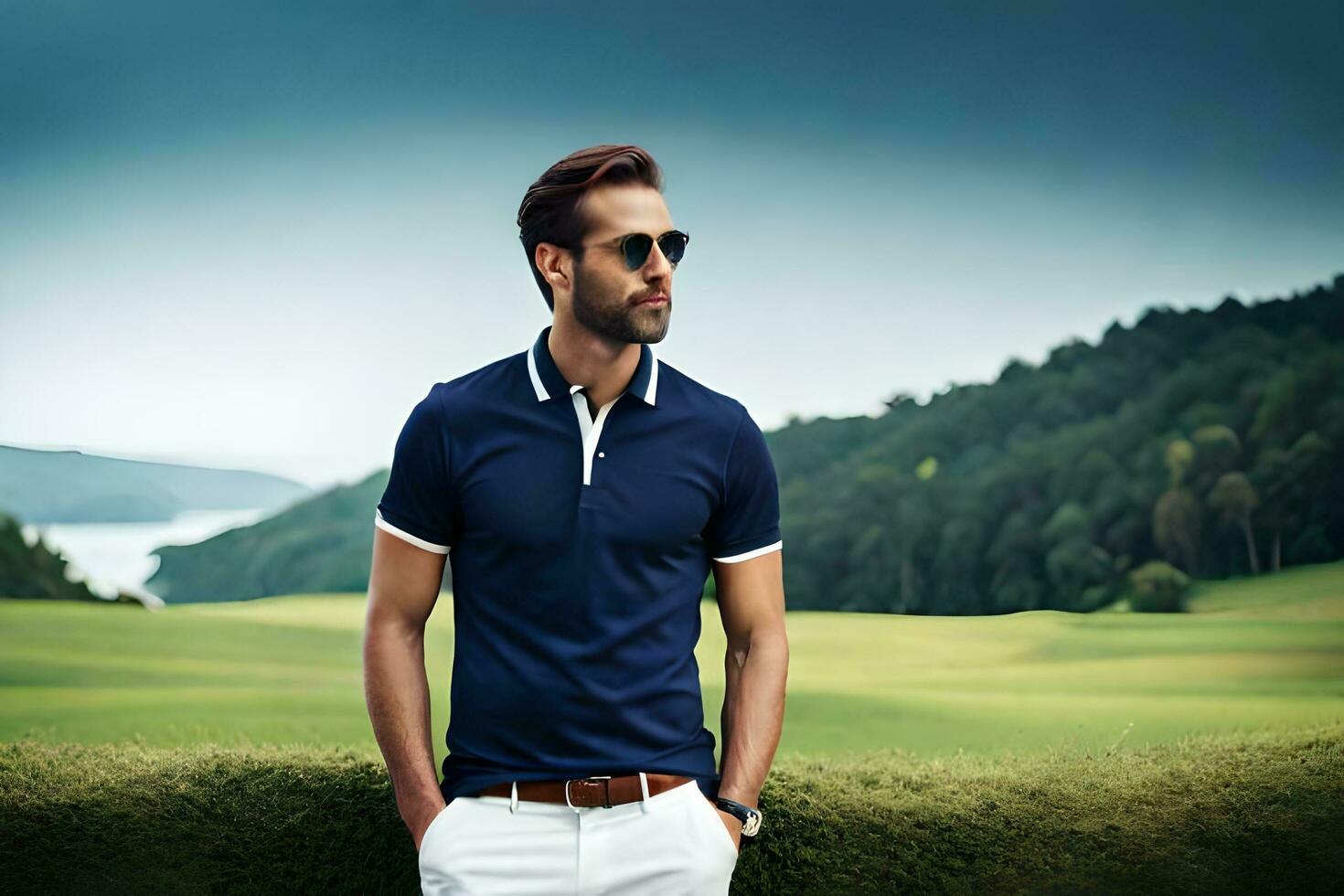 a man in a blue polo shirt and sunglasses. AI-Generated photo