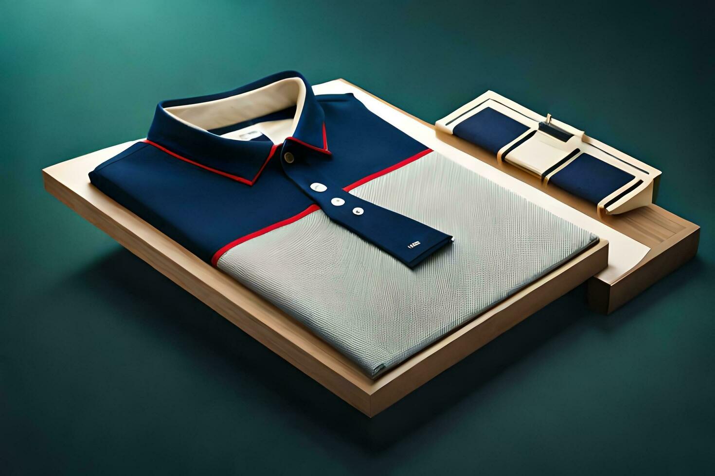 a blue and white polo shirt and a pair of cufflinks. AI-Generated photo