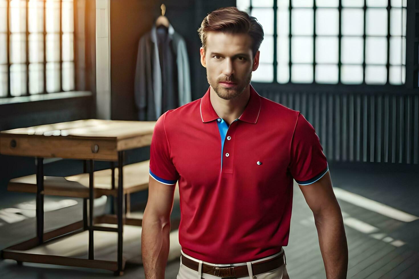 a man in a red polo shirt standing in a room. AI-Generated photo