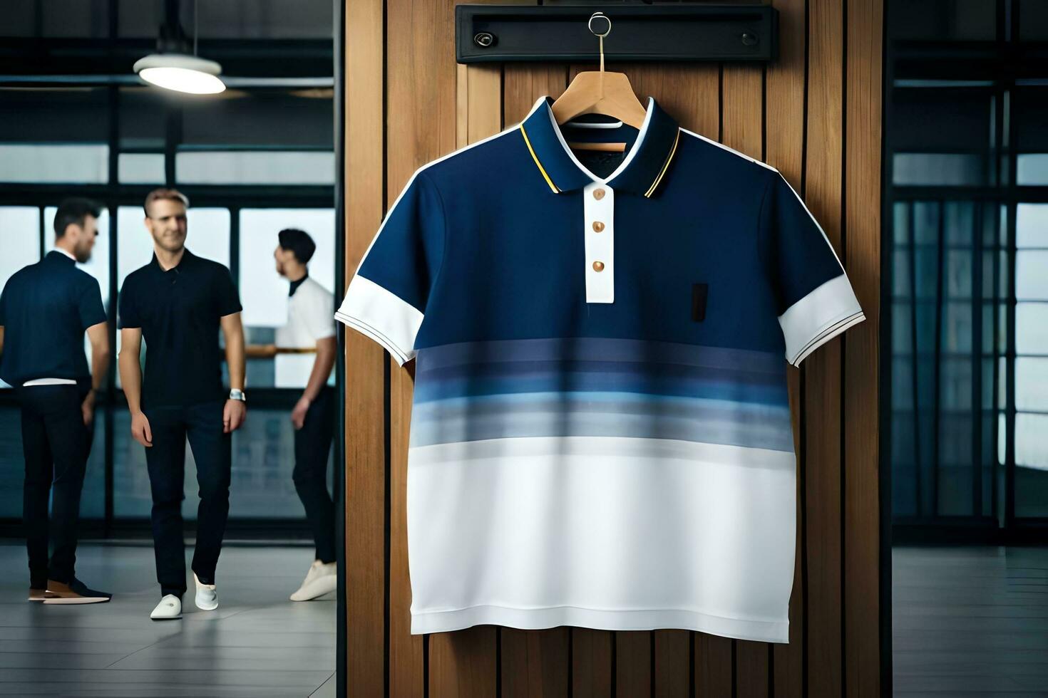a polo shirt is hanging on a wooden wall. AI-Generated photo
