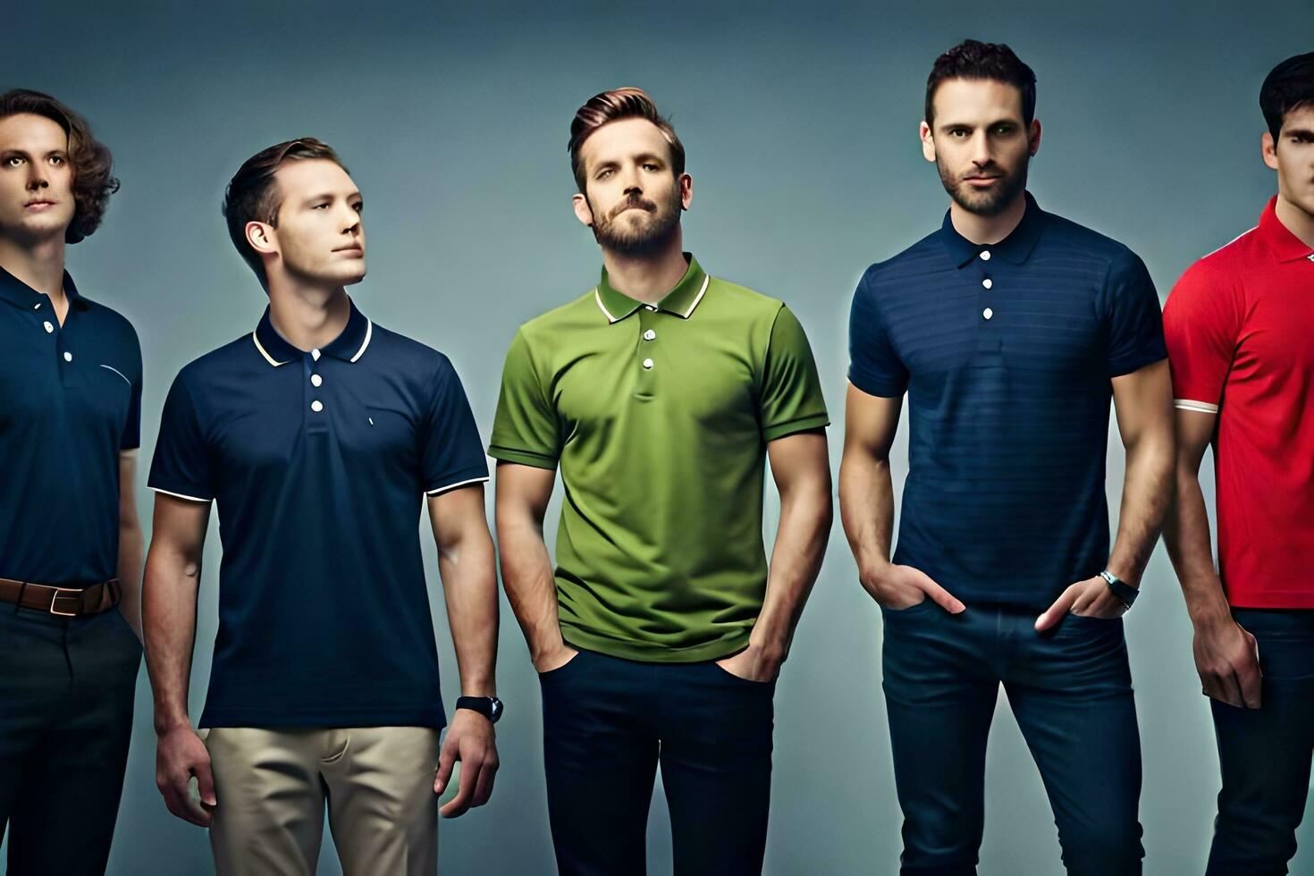 five men wearing different colors of polo shirts. AI-Generated photo