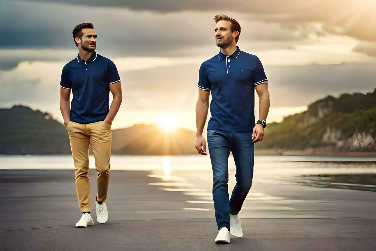 two men in blue shirts walking on the beach. AI-Generated photo