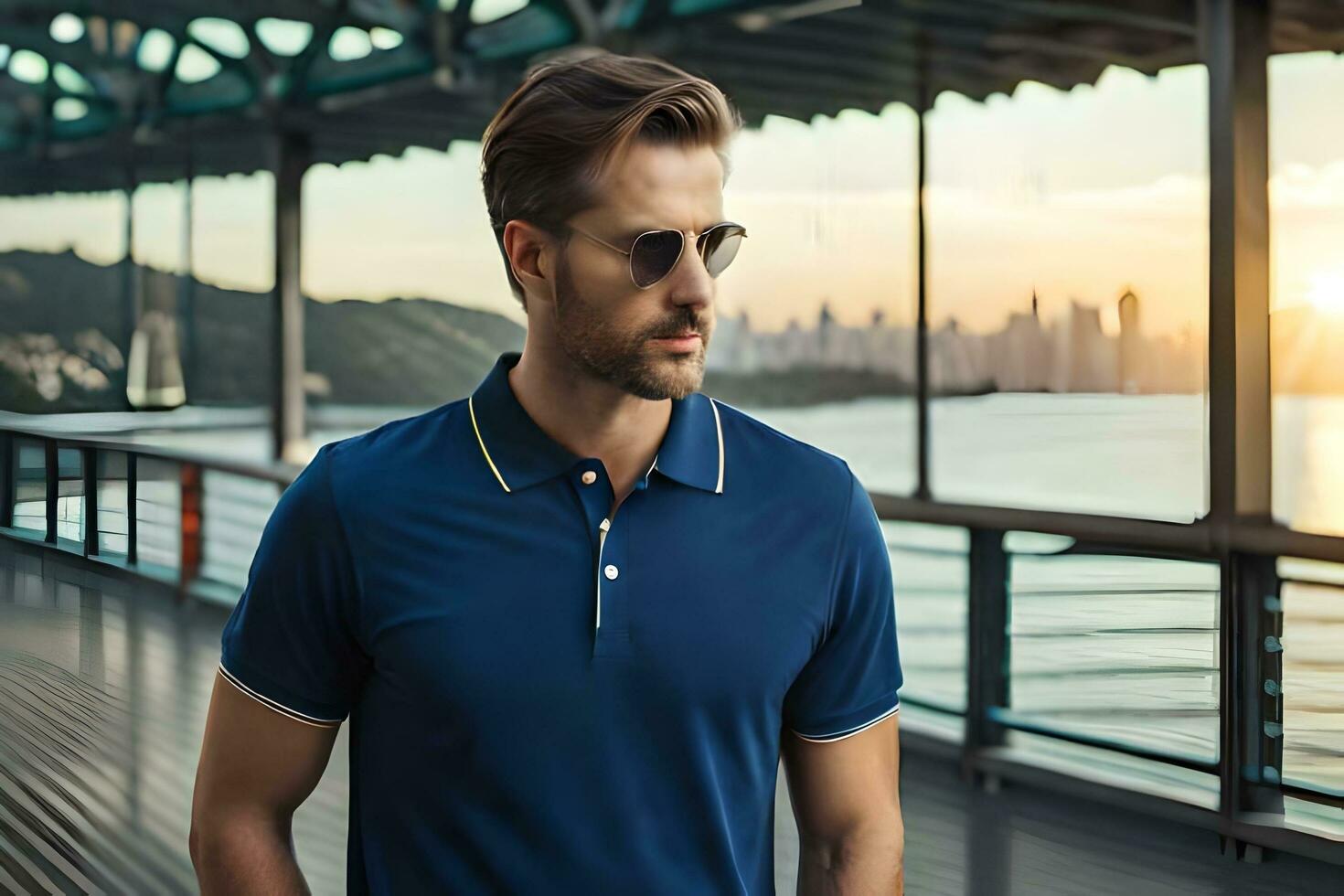 a man in sunglasses and a blue polo shirt. AI-Generated photo