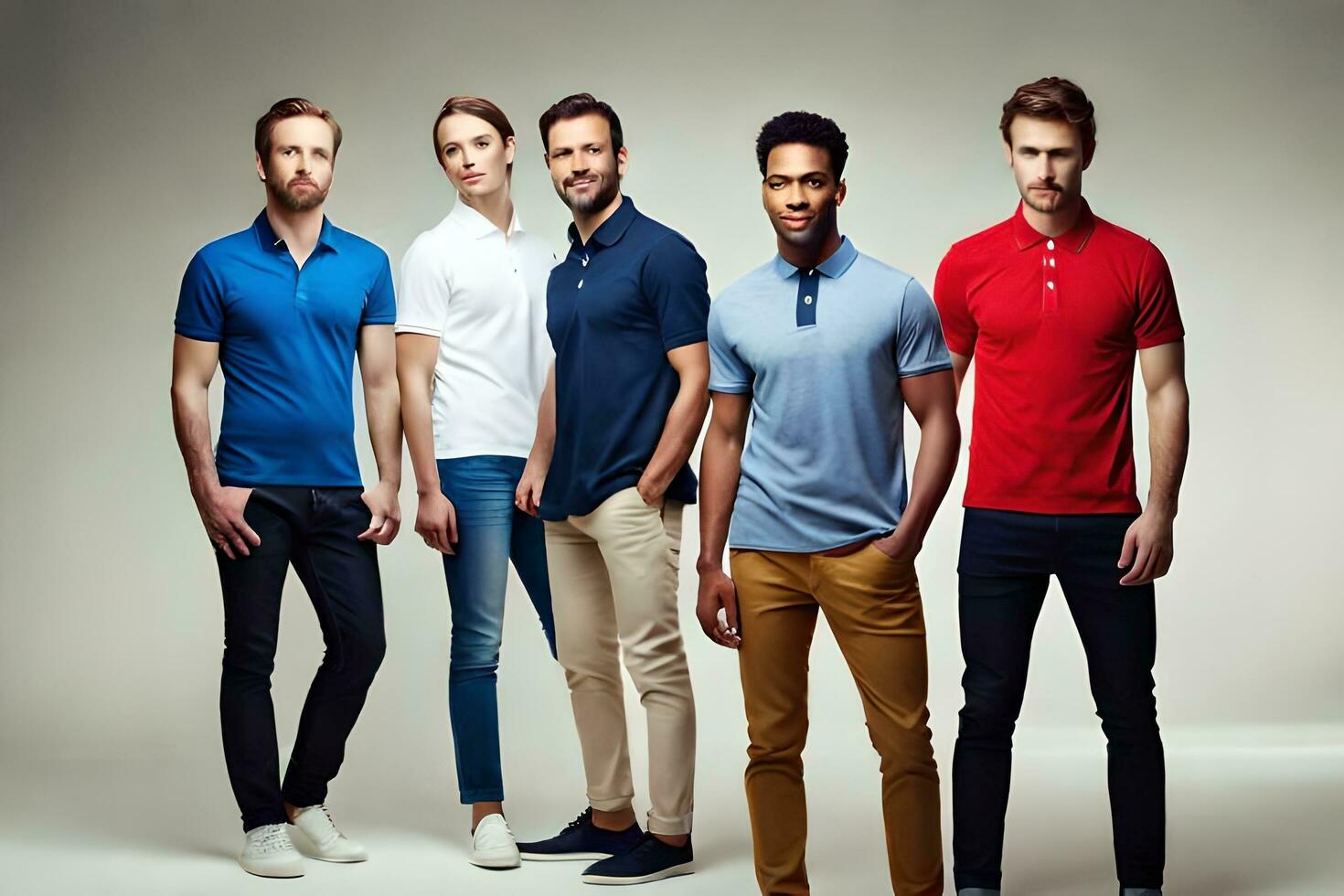 five men in different colors of polo shirts. AI-Generated photo