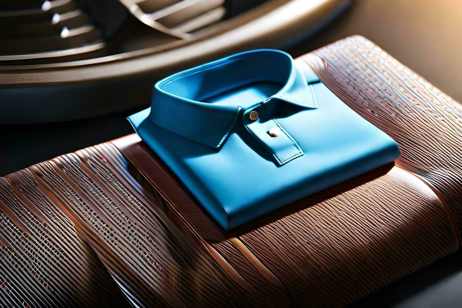 a blue shirt on a wooden surface. AI-Generated photo