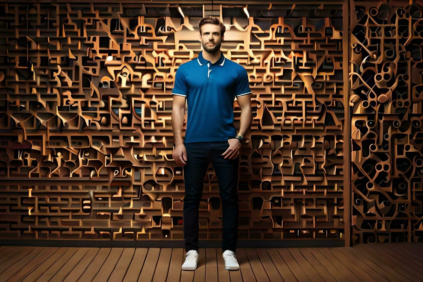 a man standing in front of a wall with wooden blocks. AI-Generated photo