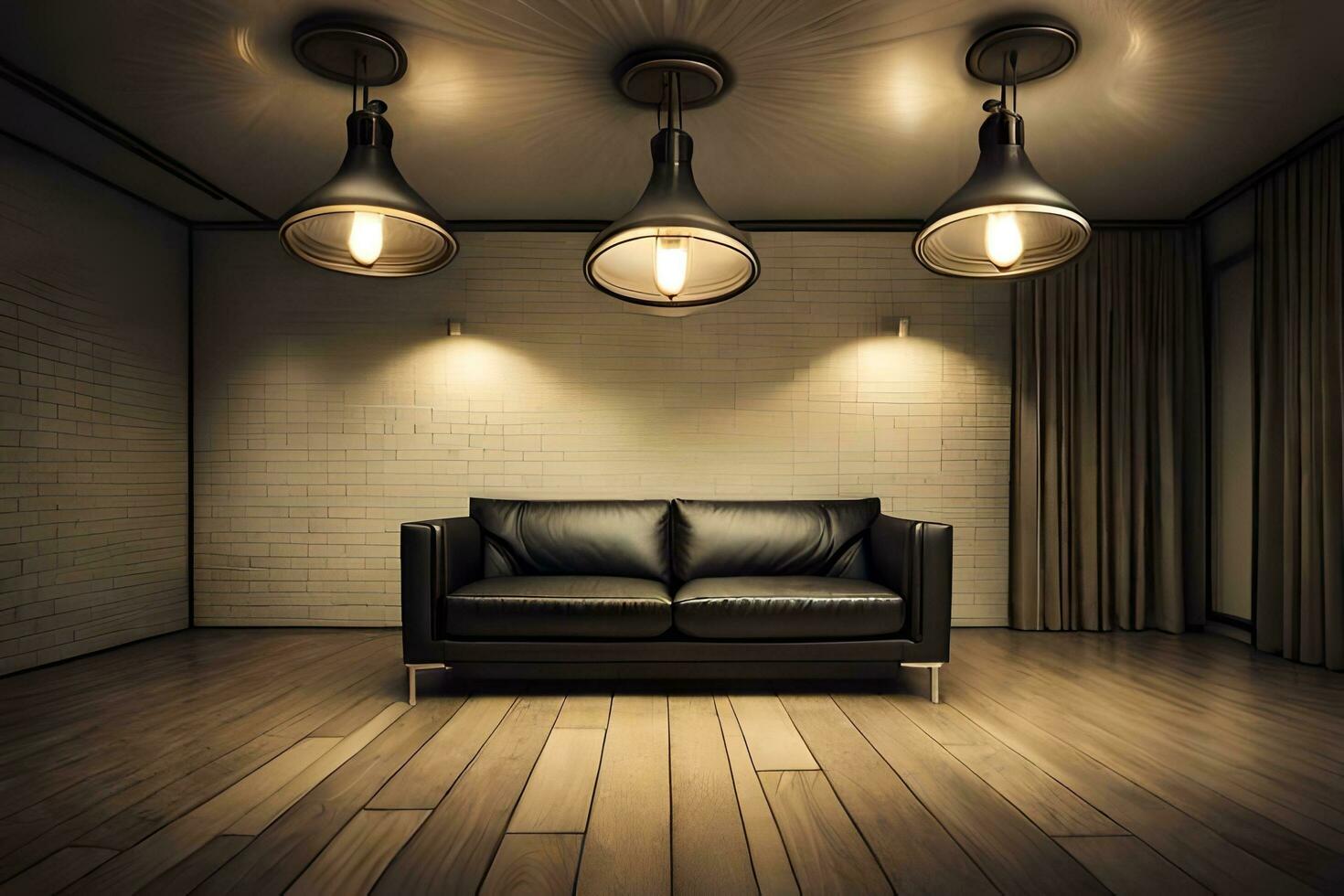 a black couch is sitting in front of three light bulbs. AI-Generated photo