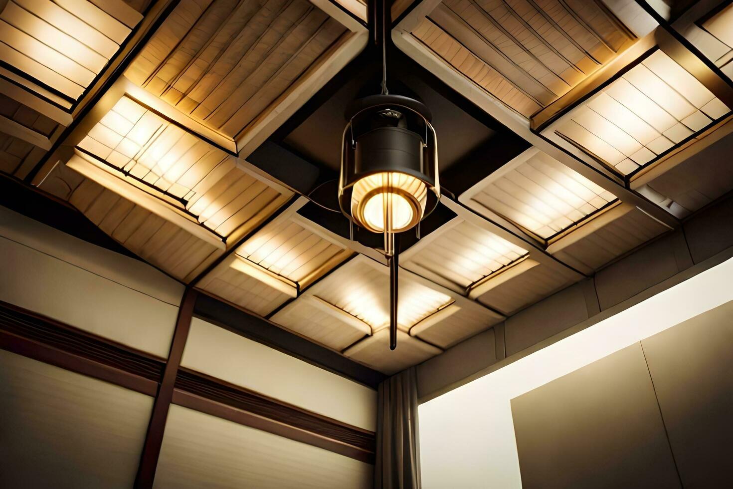 a ceiling light in a room with wooden panels. AI-Generated photo