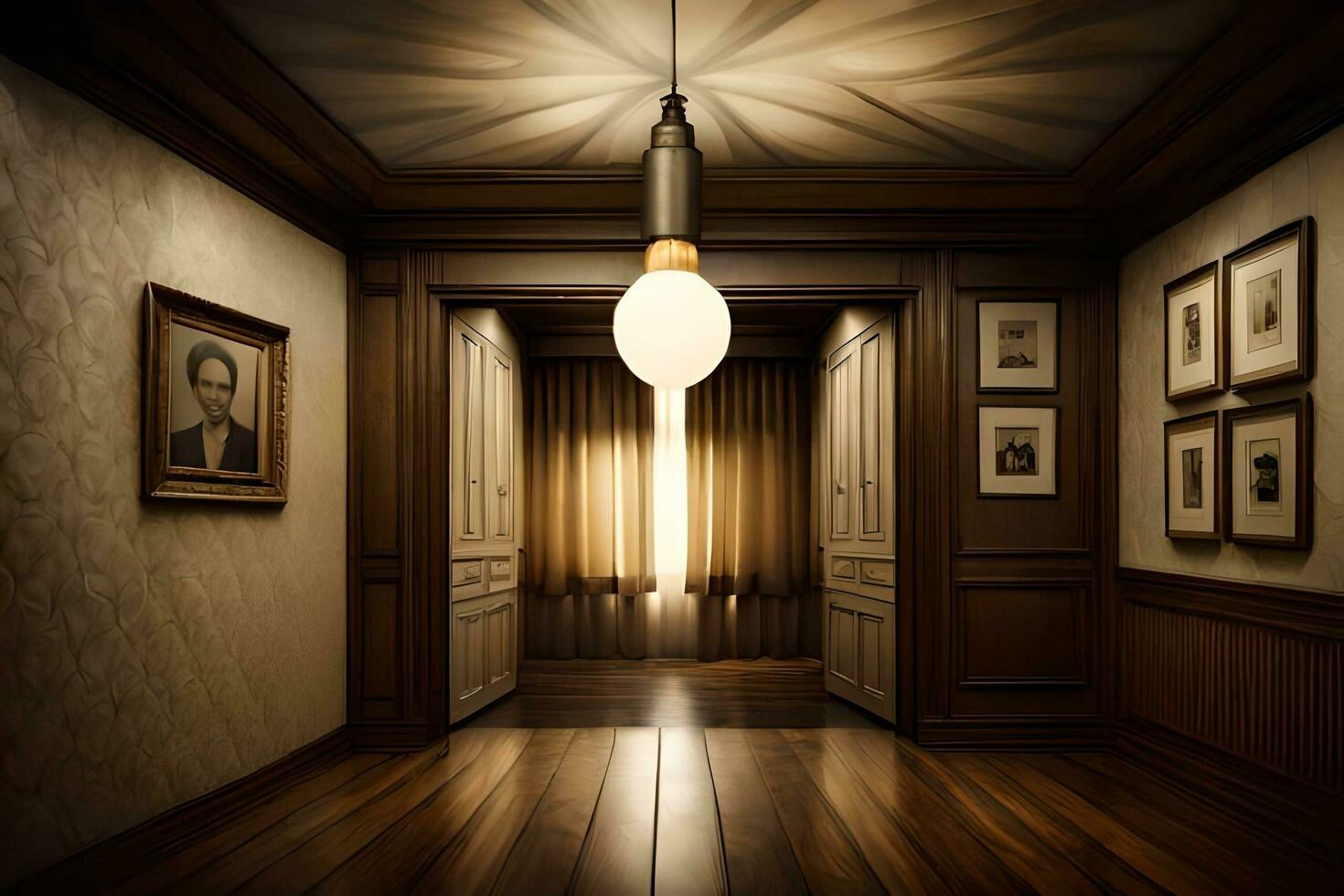 a hallway with a light bulb hanging from the ceiling. AIGenerated