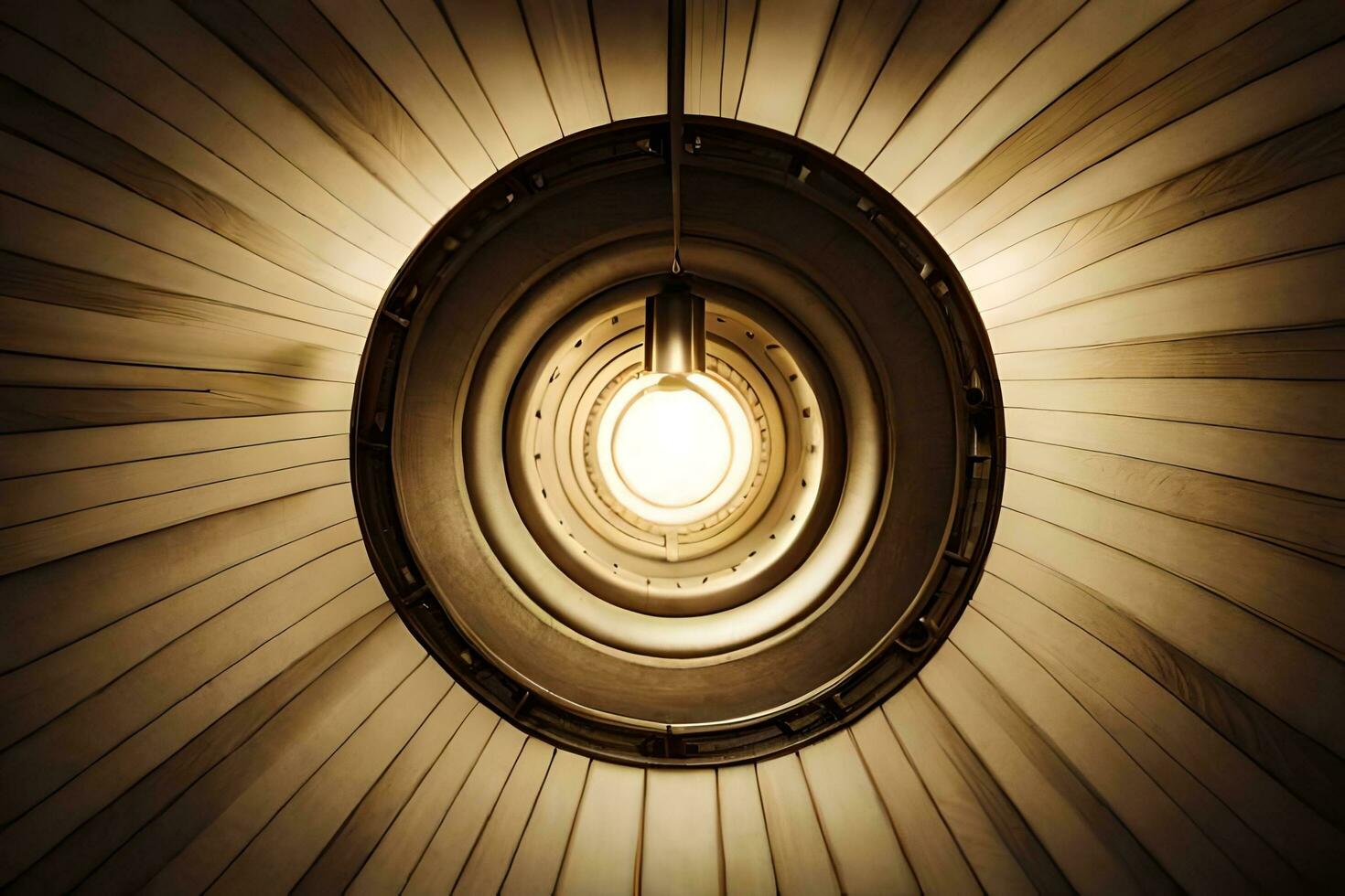 a circular light is shining in a wooden ceiling. AI-Generated photo