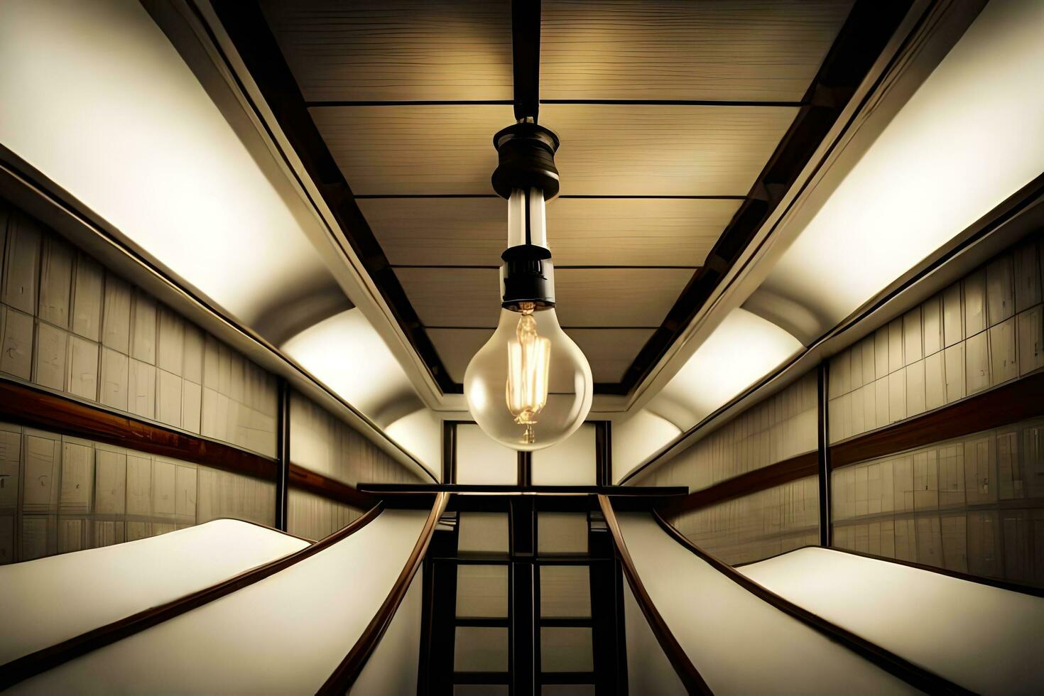 a light bulb is hanging from the ceiling of a hallway. AI-Generated photo