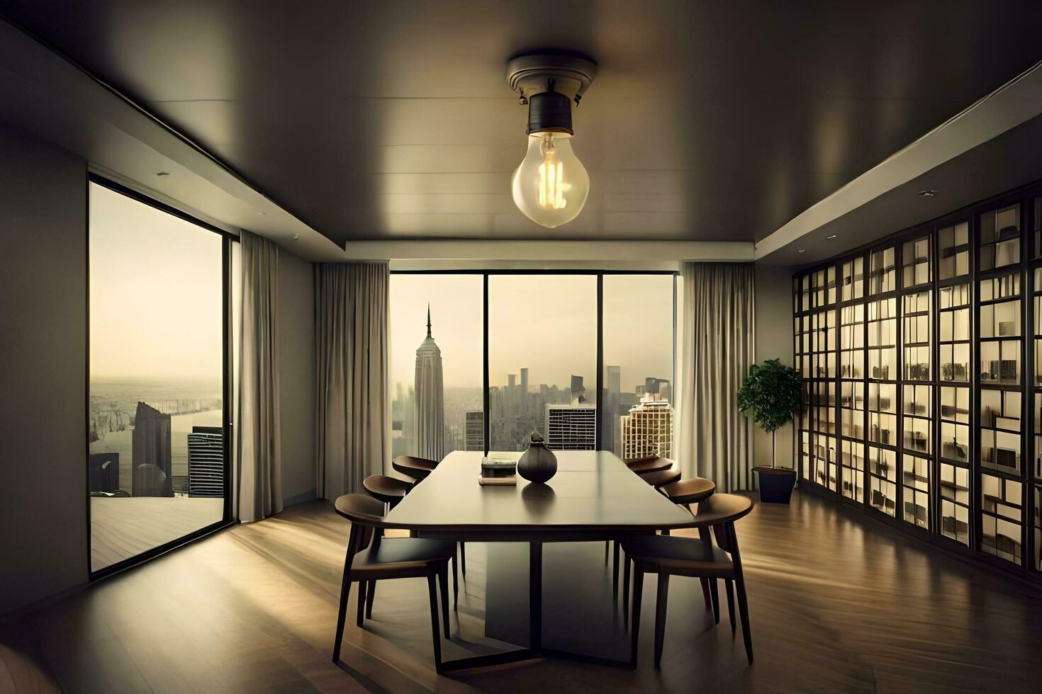 a dining room with a table and chairs in front of a large window. AI-Generated photo