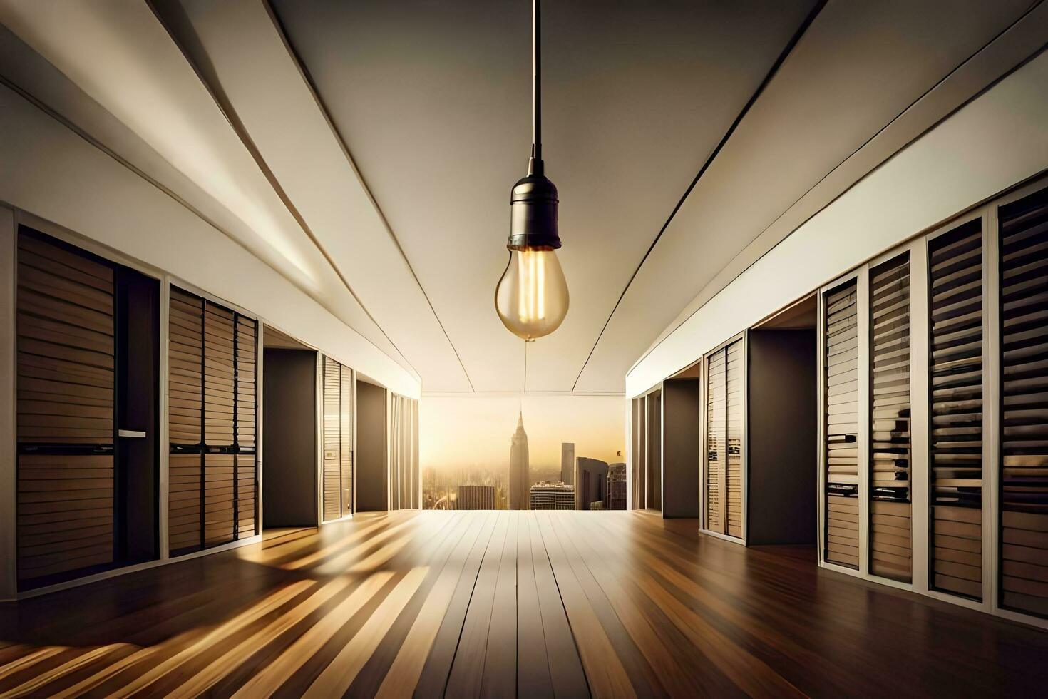 empty hallway with light bulb hanging from ceiling. AI-Generated photo