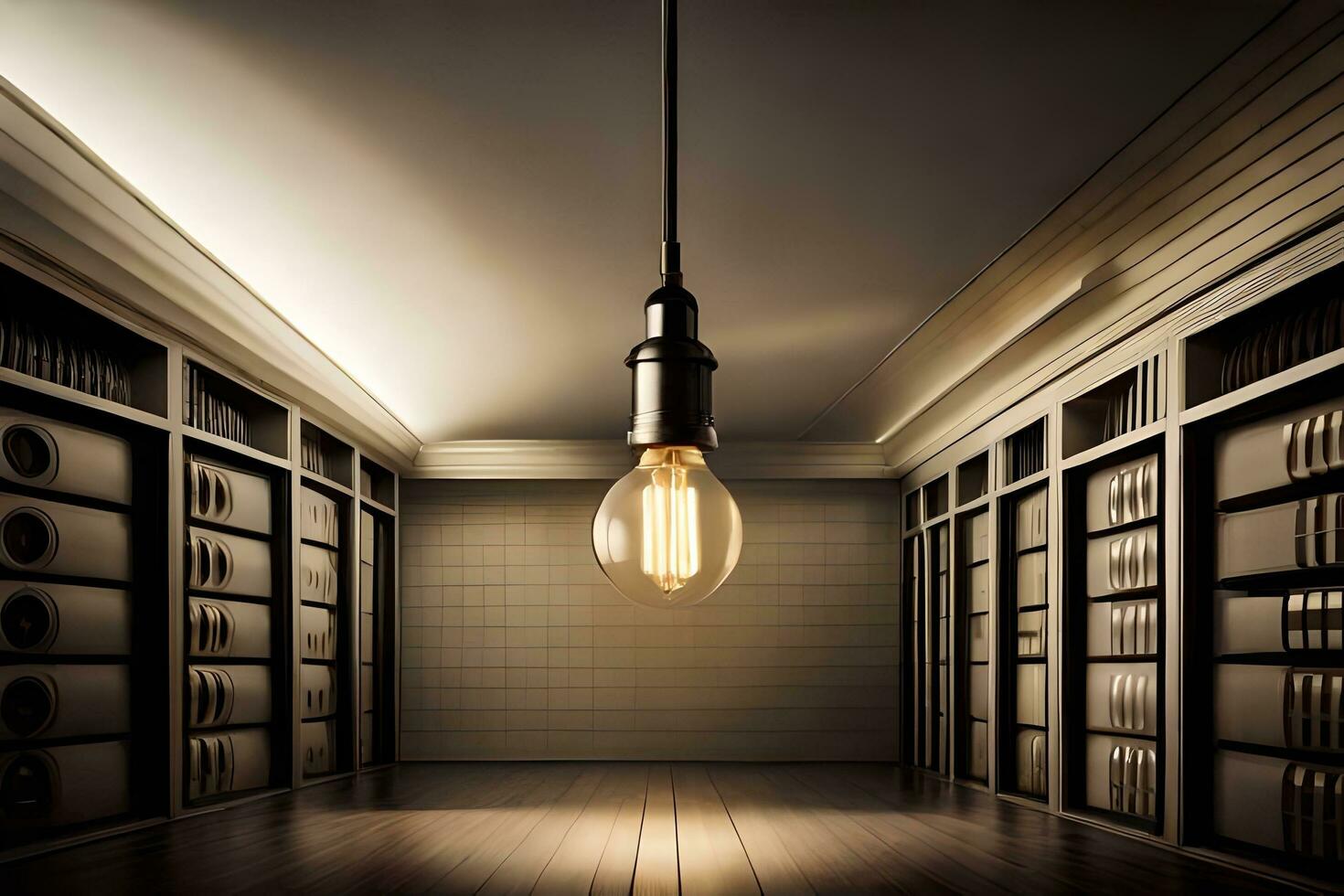 a light bulb is hanging from the ceiling in a room. AI-Generated photo