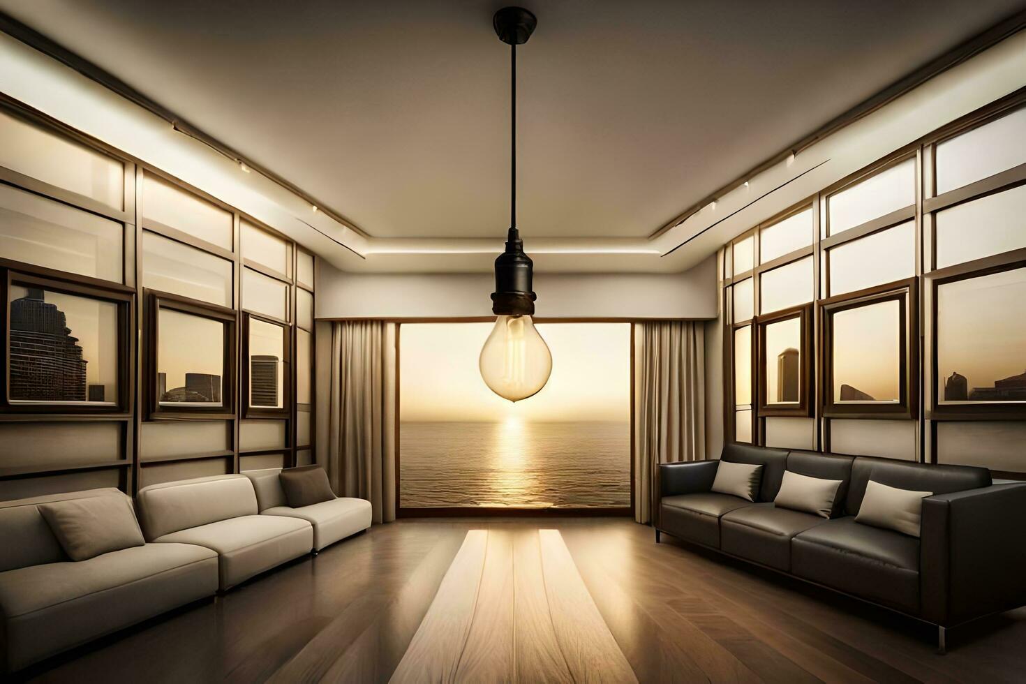 a living room with a large window and a light bulb. AI-Generated photo
