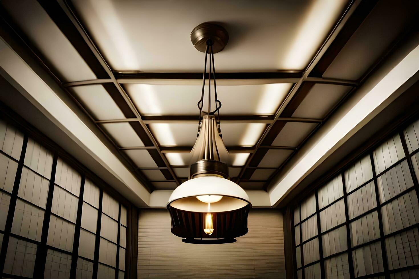 a light fixture hangs from the ceiling in a room. AIGenerated 32307117