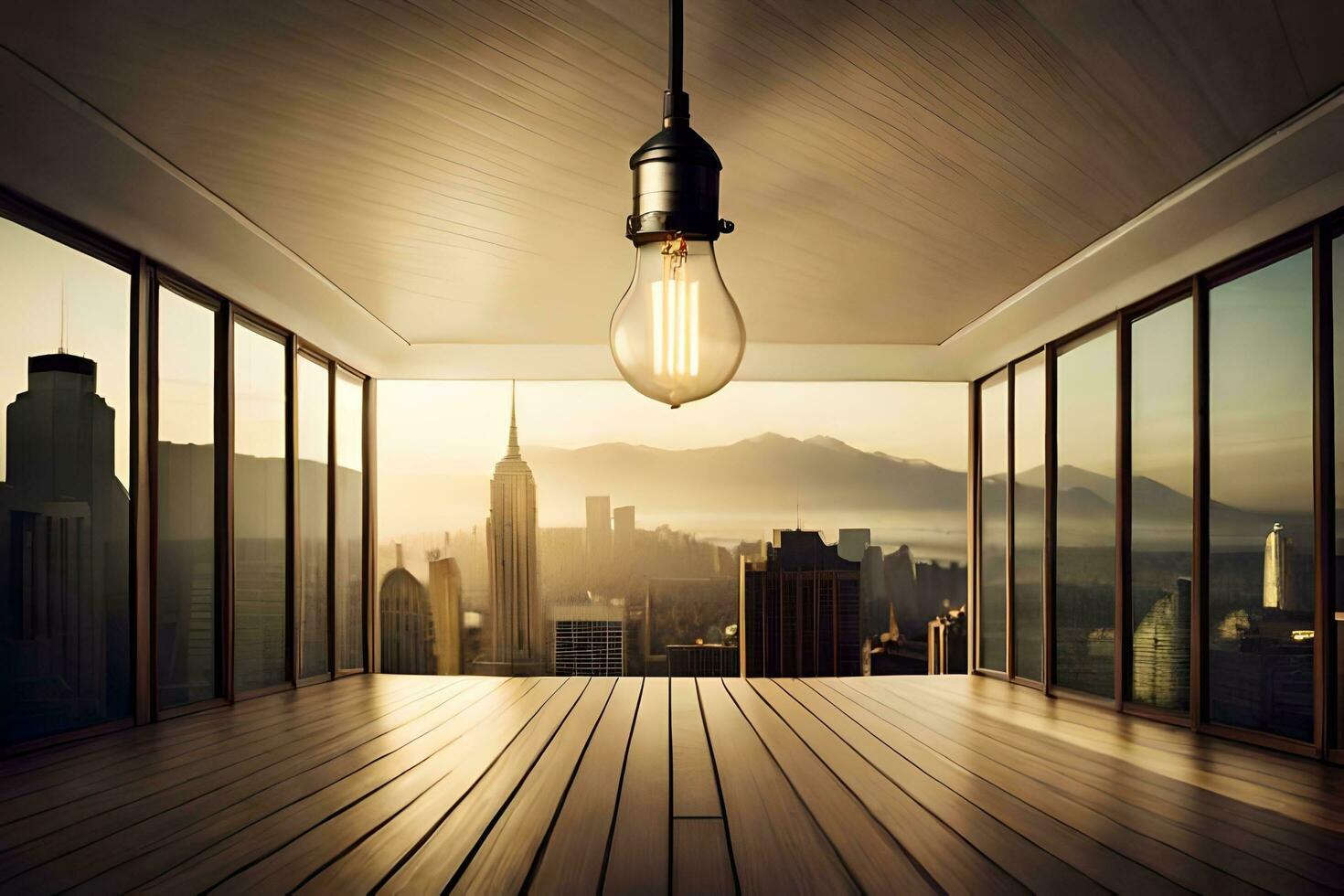 an empty room with a light bulb hanging from the ceiling. AI-Generated photo