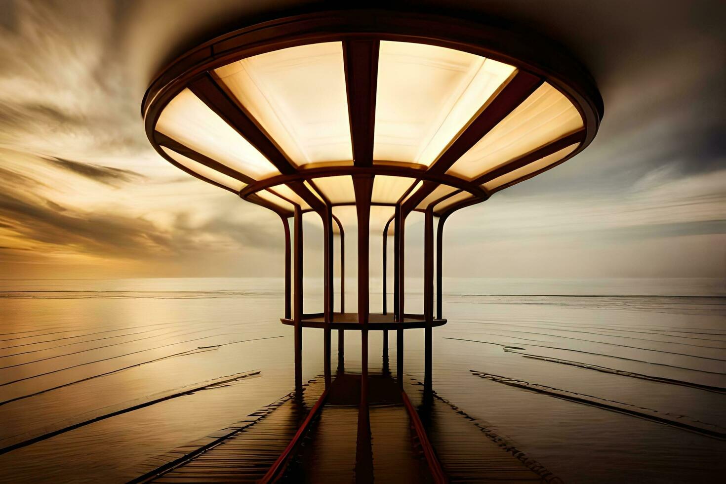 a long exposure photo of a light on a pier. AI-Generated