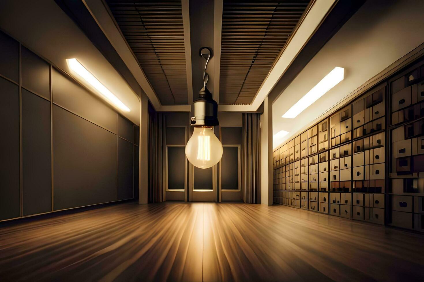 an empty room with a light bulb hanging from the ceiling. AI-Generated photo