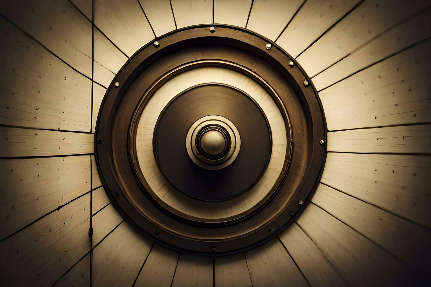 a circular metal object on a wooden wall. AI-Generated photo