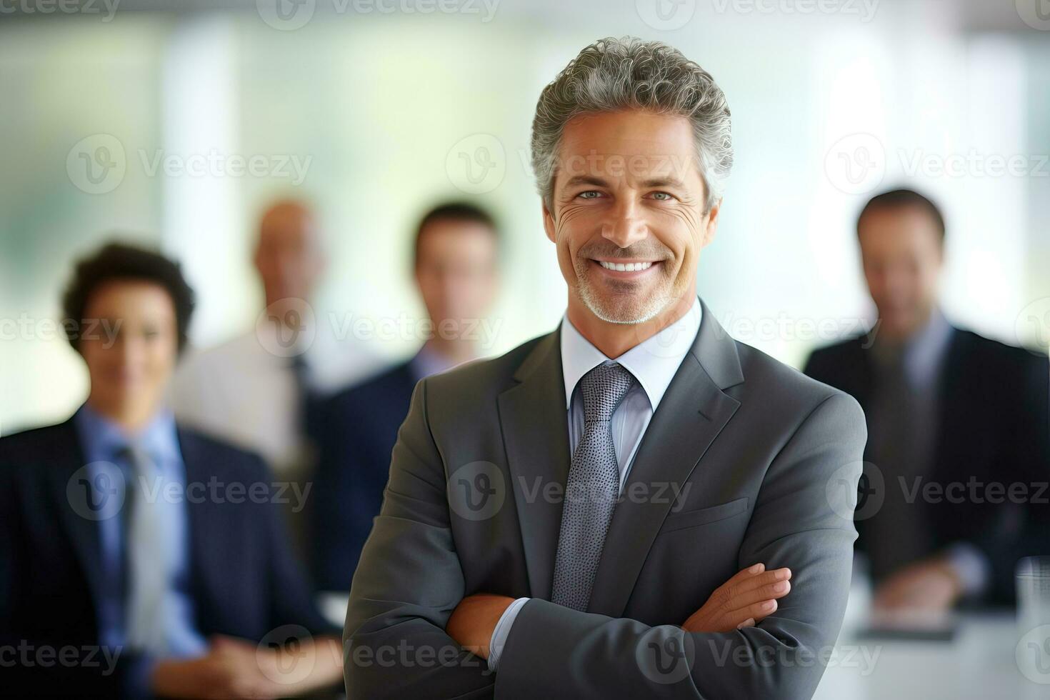 Portrait of smiling senior businessman. Meeting with team with happiness. Generative AI photo