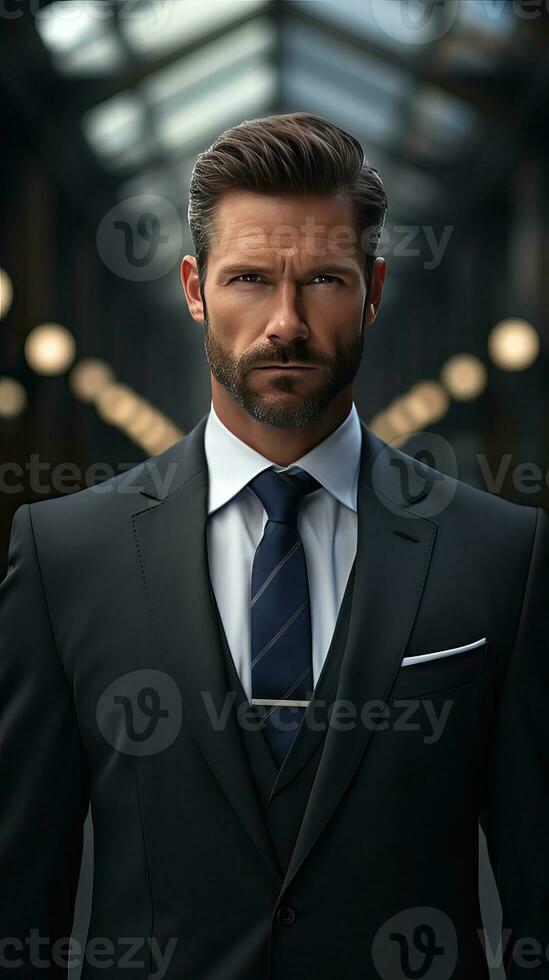 Confident Businessman Portrait of Success. Corporate motivated leader. Handsome man in a formal suit. Generative AI photo