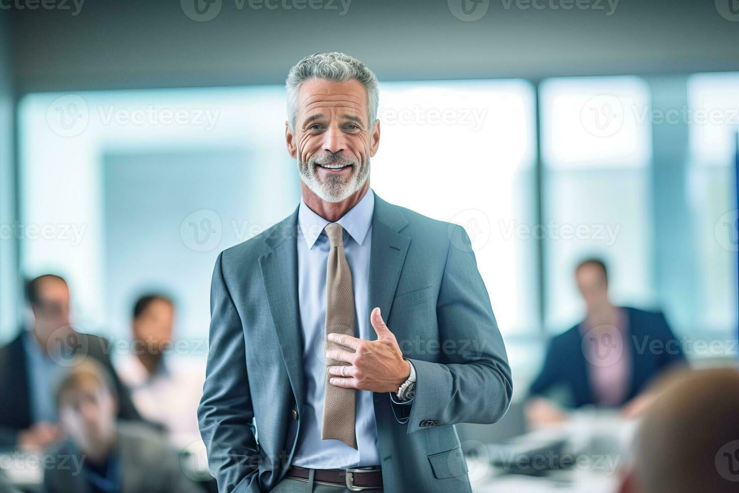 Portrait of smiling senior businessman. Meeting with team with happiness. Generative AI photo