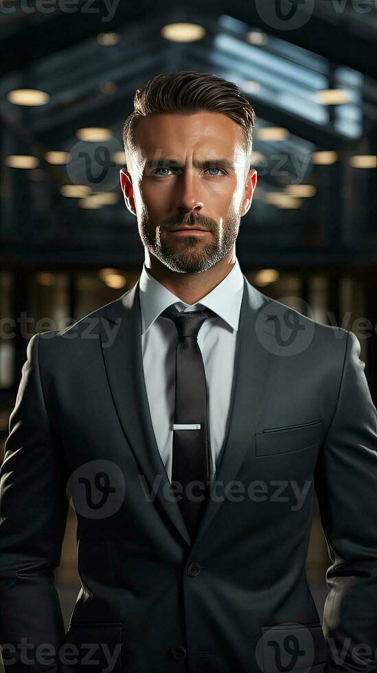 Confident Businessman Portrait of Success. Corporate motivated leader. Handsome man in a formal suit. Generative AI photo