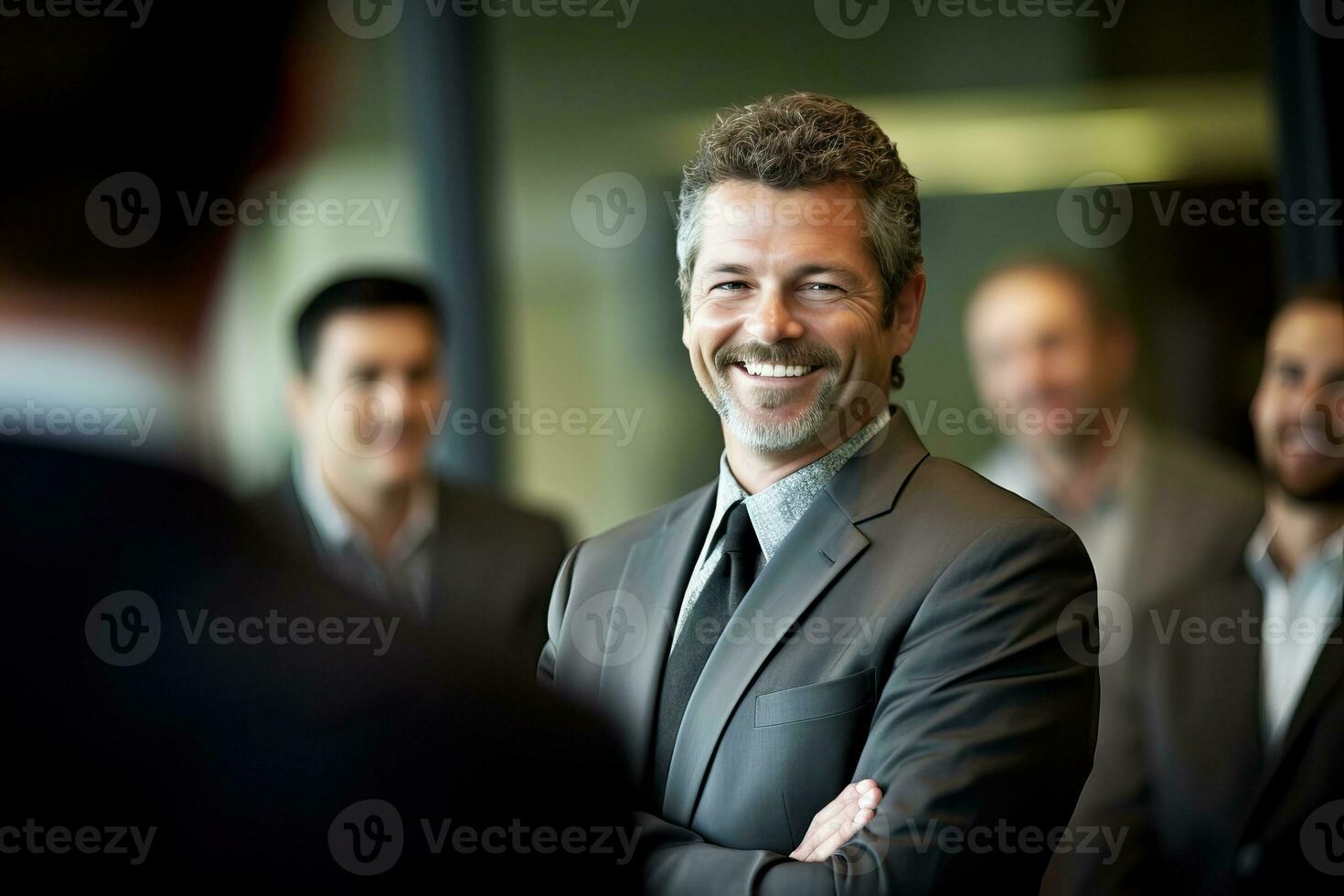 Portrait of smiling senior businessman. Meeting with team with happiness. Generative AI photo