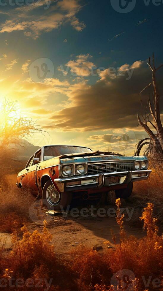 Vintage car on the background of autumn landscape field. Generative AI photo