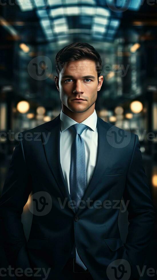 Confident Businessman Portrait of Success. Corporate motivated leader. Handsome man in a formal suit. Generative AI photo