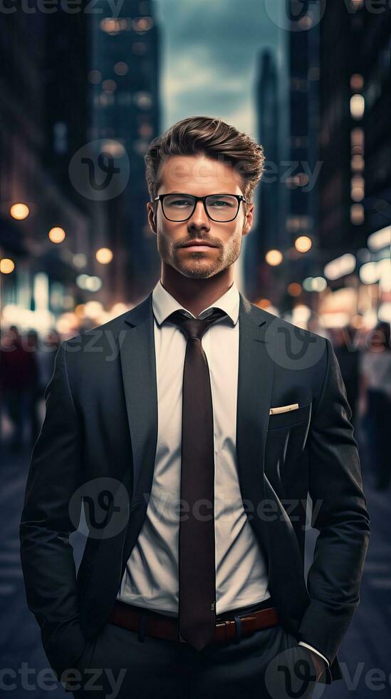 Confident Businessman Portrait of Success. Corporate motivated leader. Handsome man in a formal suit. Generative AI photo