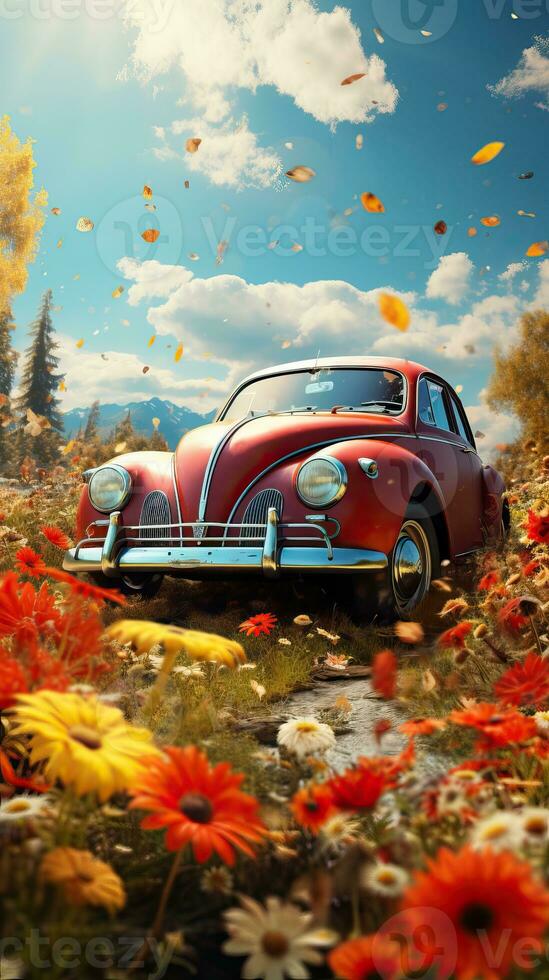 Vintage car on the background of autumn landscape field. Generative AI photo