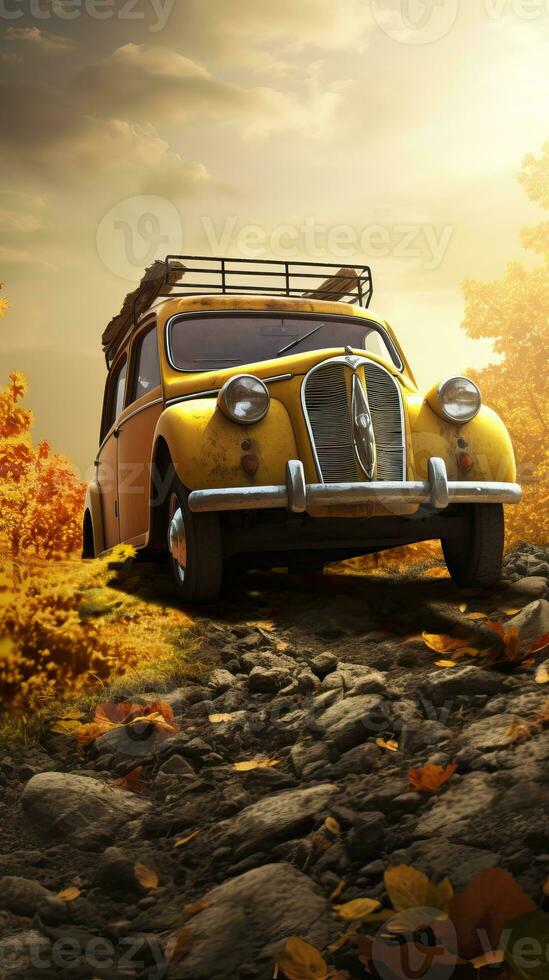 Vintage car on the background of autumn landscape field. Generative AI photo