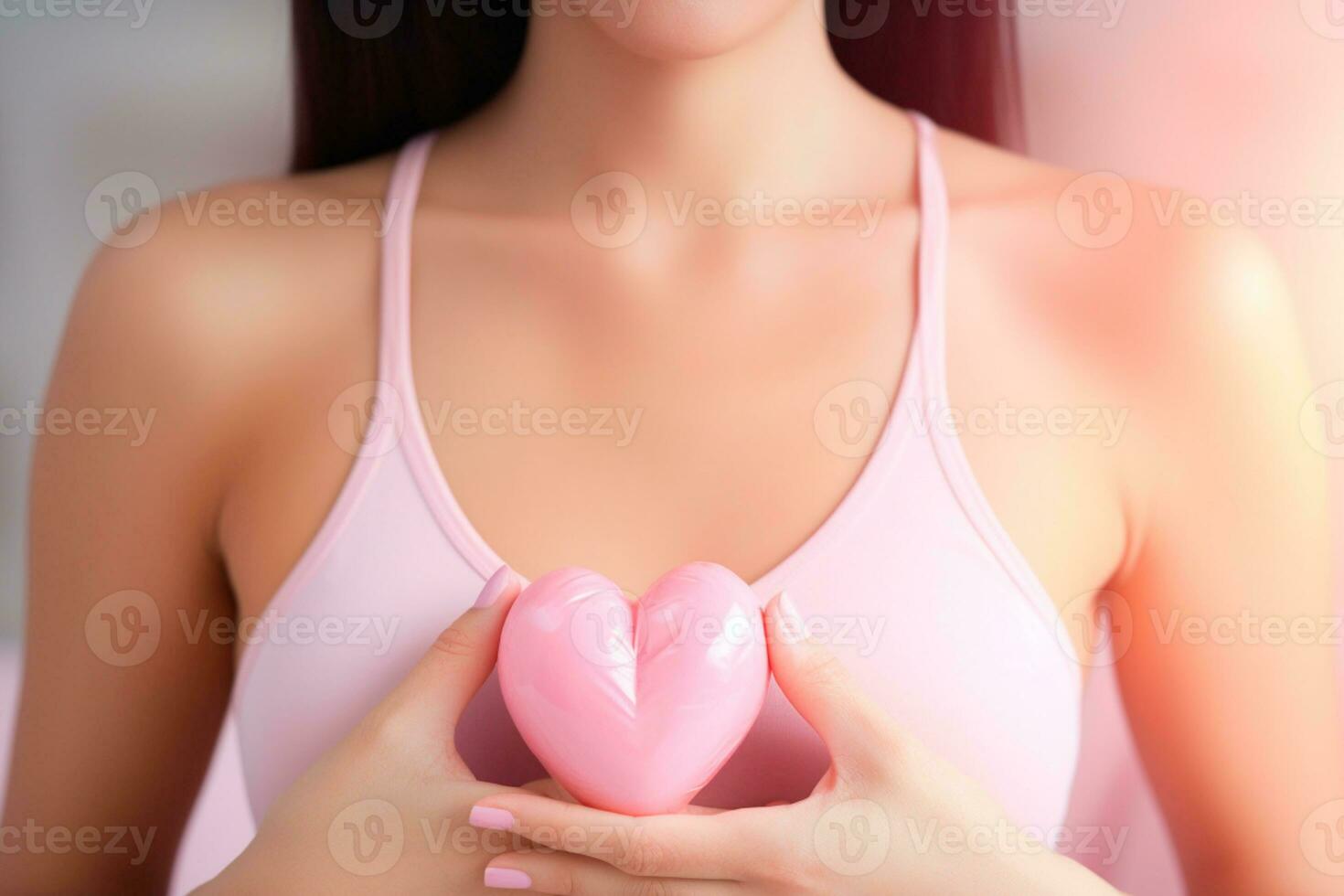 Pink October - Woman wearing a pink top and holding a pink heart in support of breast cancer awareness. International awareness movement for the early detection of breast cancer. Generated by AI photo