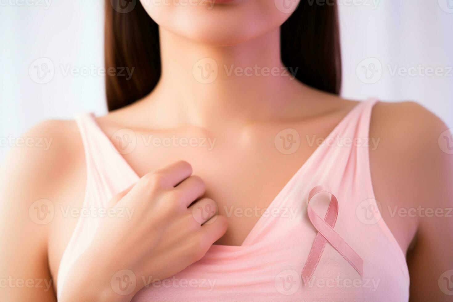 Pink October - Breast Cancer Awareness. Woman with pink blouse and small bow. International awareness movement for the early detection of breast cancer, Pink October - Generated by AI photo