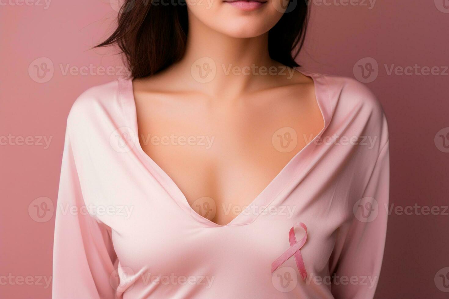 Pink October - Woman wearing pink blouse with bow in support of breast cancer prevention. International awareness movement for the early detection of breast cancer, Pink October - Generated by AI photo